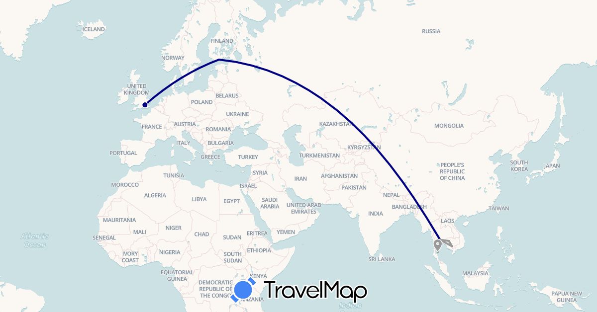 TravelMap itinerary: driving, plane in Finland, United Kingdom, Cambodia, Thailand (Asia, Europe)